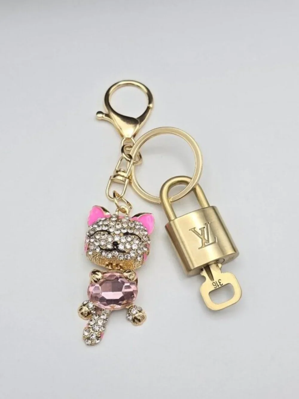 Authentic LV Gold Padlock & Key Set ✨Luxury Bag Charm w/ Unbranded Cat Keychain